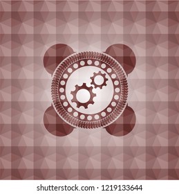 gear, team work icon inside red badge with geometric background. Seamless.