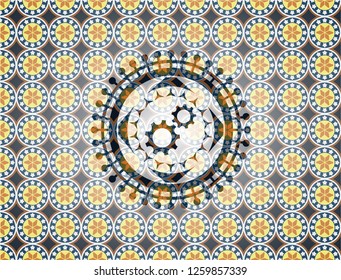gear, team work icon inside arabic emblem. Arabesque decoration.
