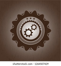 gear, team work icon inside realistic wooden emblem