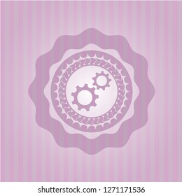 gear, team work icon inside badge with pink background