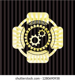 gear, team work icon inside golden badge or emblem