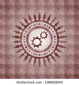 gear, team work icon inside red seamless geometric emblem.