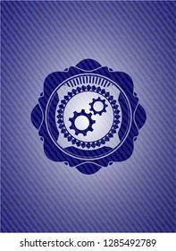 gear, team work icon inside jean or denim emblem or badge background
