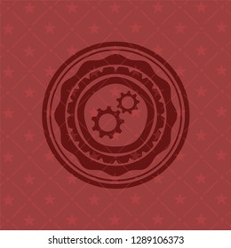 gear, team work icon inside badge with red background