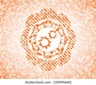 gear, team work icon inside abstract orange mosaic emblem with background