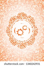 gear, team work icon inside abstract emblem, orange mosaic background