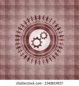 gear, team work icon inside red emblem or badge with abstract geometric polygonal pattern background. Seamless.