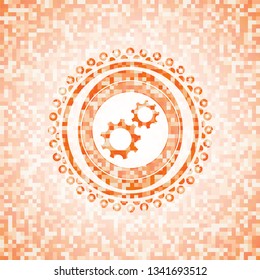 gear, team work icon inside abstract emblem, orange mosaic background