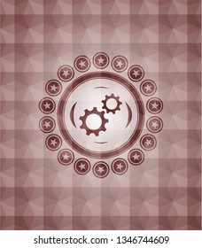 gear, team work icon inside red emblem or badge with abstract geometric pattern background. Seamless.