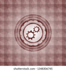 gear, team work icon inside red emblem with geometric pattern background. Seamless.