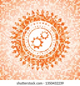 gear, team work icon inside abstract orange mosaic emblem with background