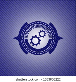 gear, team work icon inside emblem with jean texture