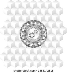 gear, team work icon inside grey emblem with cube white background