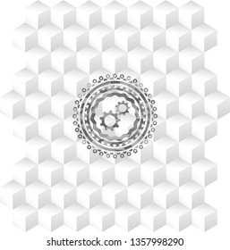 gear, team work icon inside grey emblem. Retro with geometric cube white background
