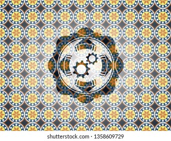 gear, team work icon inside arabic emblem background. Arabesque decoration.