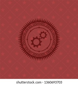 gear, team work icon inside red emblem. Vintage.