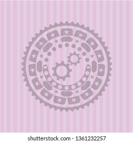 gear, team work icon inside pink emblem. Vintage.