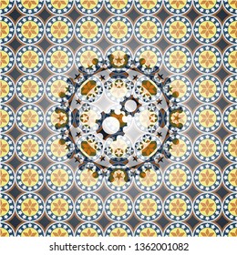 gear, team work icon inside arabic style badge. Arabesque decoration.