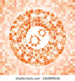 gear, team work icon inside abstract orange mosaic emblem
