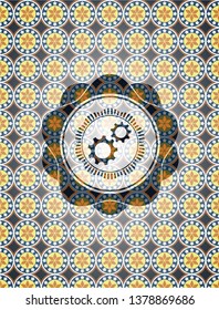 gear, team work icon inside arabesque style badge. arabic decoration.