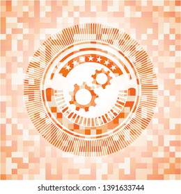 gear, team work icon inside orange mosaic emblem