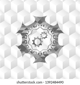 gear, team work icon inside grey emblem. Vintage with geometric cube white background