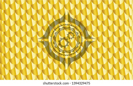 gear, team work icon inside gold emblem. Scales pattern. Vector Illustration. Detailed.