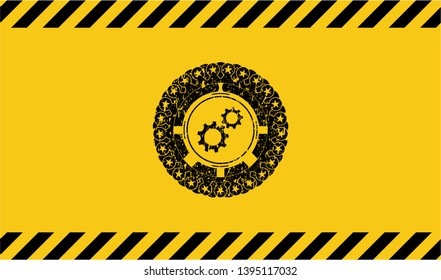 gear, team work icon inside warning sign, black grunge emblem. Vector Illustration. Detailed.