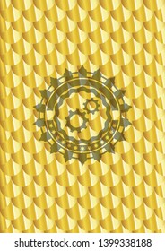 gear, team work icon inside gold shiny badge. Scales pattern. Vector Illustration. Detailed.