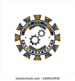 gear, team work icon inside arabic style emblem. Arabesque decoration.