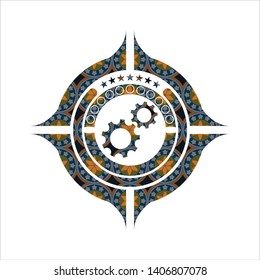 gear, team work icon inside arabesque emblem. arabic decoration.
