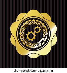 gear, team work icon inside golden emblem or badge