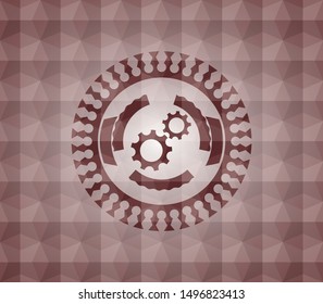 gear, team work icon inside red seamless polygonal badge.