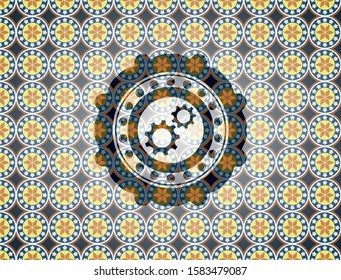 gear, team work icon inside arabesque style badge. arabic decoration.