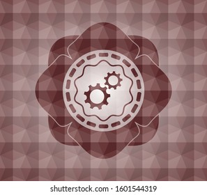gear, team work icon inside red emblem with geometric pattern. Seamless.