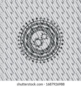 gear, team work icon inside silver badge or emblem. Scales pattern. Vector Illustration. Detailed.
