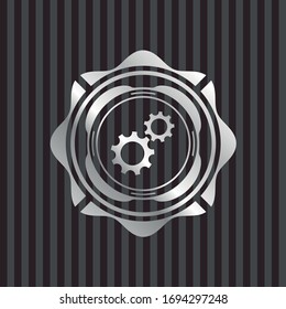 gear, team work icon inside silvery shiny badge