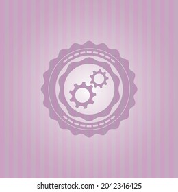 , icono de trabajo en equipo dentro de un emblema rosado realista. Diseño elegante. 
