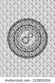 gear, team work icon inside shiny silver badge. Scales pattern. Vector Illustration. Detailed. 