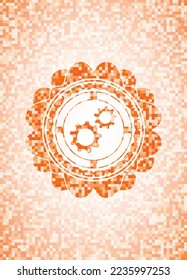 , icono de trabajo en equipo dentro del emblema de mosaico naranja. 