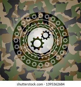 gear, team work icon on camouflaged texture