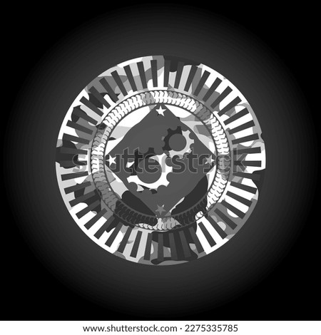 gear, team work icon on grey camouflaged pattern. 