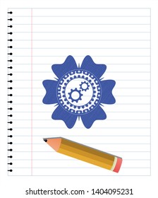 gear, team work icon pen emblem. Blue ink. Vector Illustration. Detailed.
