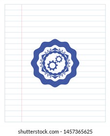 gear, team work icon pen effect. Blue ink. Vector Illustration. Detailed.
