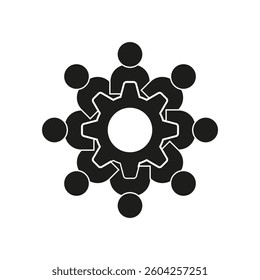Gear teamwork icon. Collaborative concept symbol. Engineering and people integration. Black and white theme.