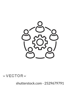 engrenagem com ícone trabalho em equipe, desenvolvimento da empresa, conselho de grupo de pessoas, fluxo de trabalho empresarial, colaboração ou parceria em uma organização, símbolo de linha fina isolado no fundo branco, eps 10 vetor