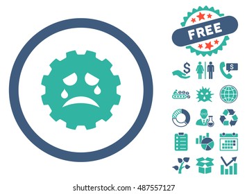 Gear Tears Smiley pictograph with free bonus pictogram. Vector illustration style is flat iconic bicolor symbols, cobalt and cyan colors, white background.