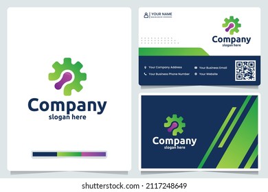 tecnología de engranajes, degradado de color, diseño de logotipo y tarjeta de negocios