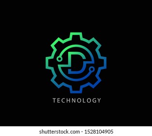 Gear technology D letter logo vector logo template. Techno D Icon Logo. This logo is suitable for factory, industrial, technology, website, digital, mechanic, wheel.