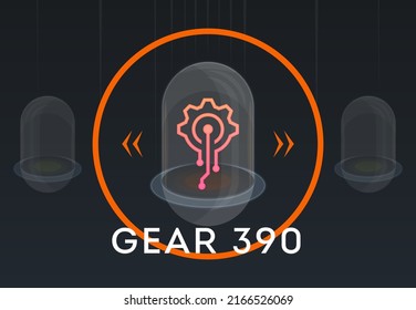 Gear Technology Icon On A Glass Bell Jar. Exhibition Display Case - Stock Vector